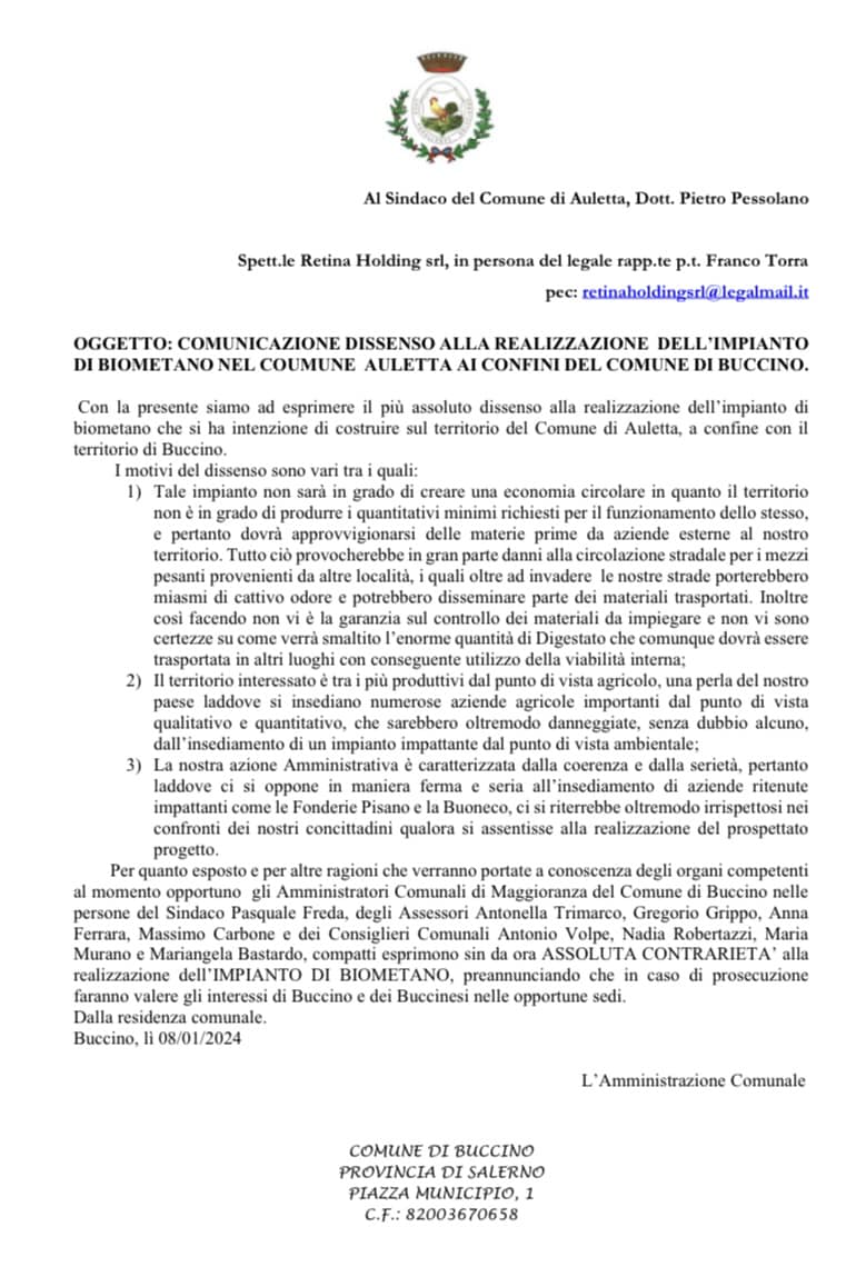 comune di Buccino contro impanto biometano auletta