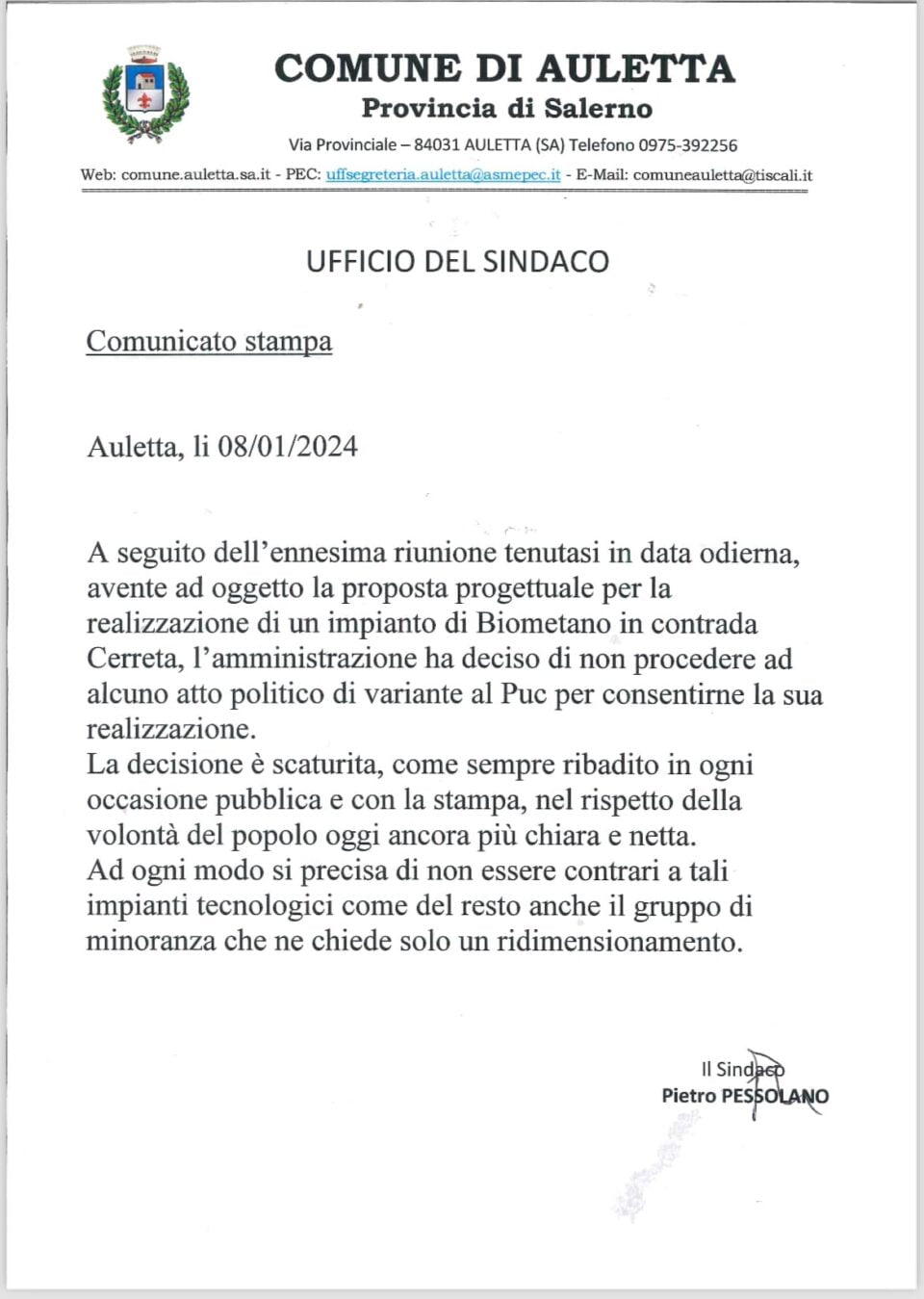 comunicato stampa di pessolano auletta biometano
