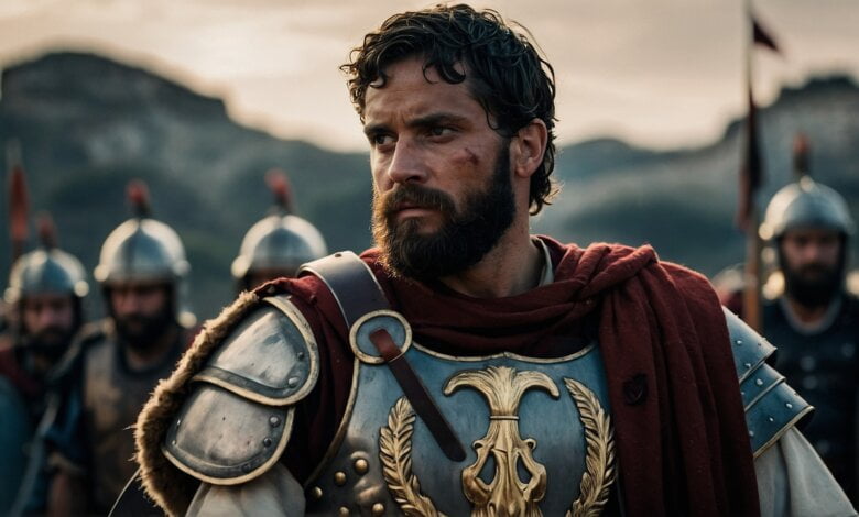 default roman warrior with beard and armed with shield helmet bb d b aae