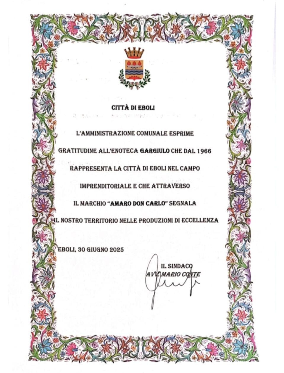 Riconoscimento Comune di Eboli a Carlo Gargiulo e Angela Caliendo