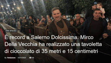 Screenshot at Rosmarinonews.it È record a Salerno Dolcissima. Mirco Della Vecchia ha realizzato una tavoletta di cioccolato di metri e centimetri