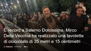 Screenshot at Rosmarinonews.it È record a Salerno Dolcissima. Mirco Della Vecchia ha realizzato una tavoletta di cioccolato di metri e centimetri