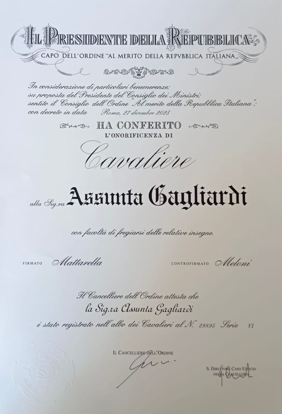 Assunta Gagliardi Cavaliere della Repubblica