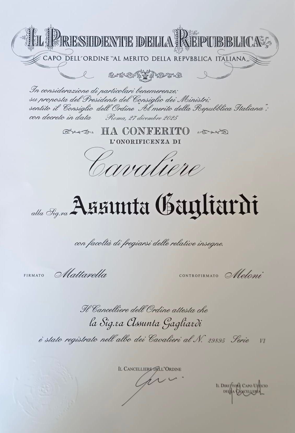 Assunta Gagliardi Cavaliere della Repubblica